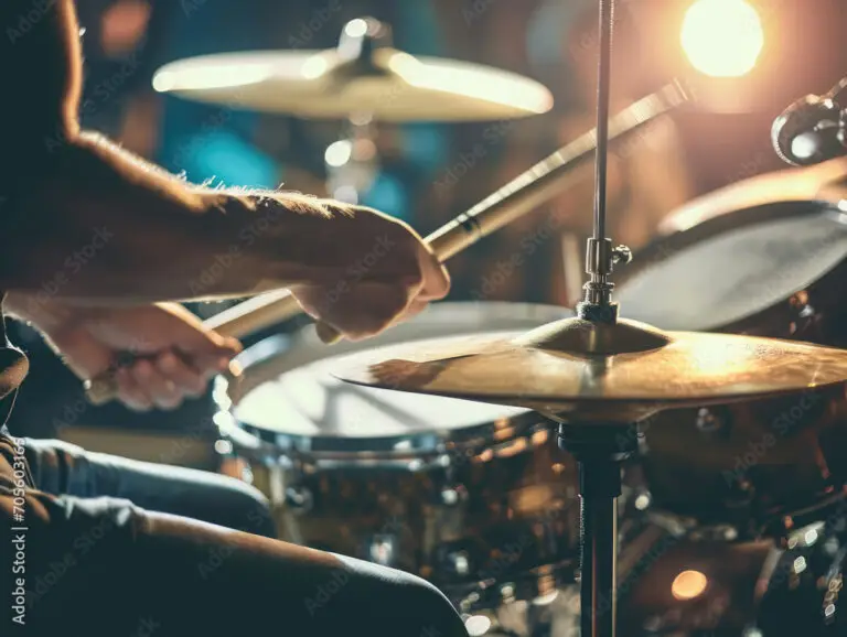 Close-up of a drummer’s hands playing a drum set with drumsticks, with cymbals and drums in focus, illuminated by warm stage lights in the background—capturing the passion and skill fostered through Music Lessons in Lehi at the Lehi School of Music.