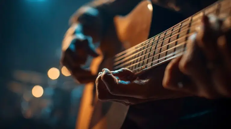 Close-up of a person’s hands playing an acoustic guitar, with warm lighting and blurred background lights, creating a moody musical atmosphere—perfectly capturing the inspiring environment of music lessons in Lehi at the Lehi School of Music.