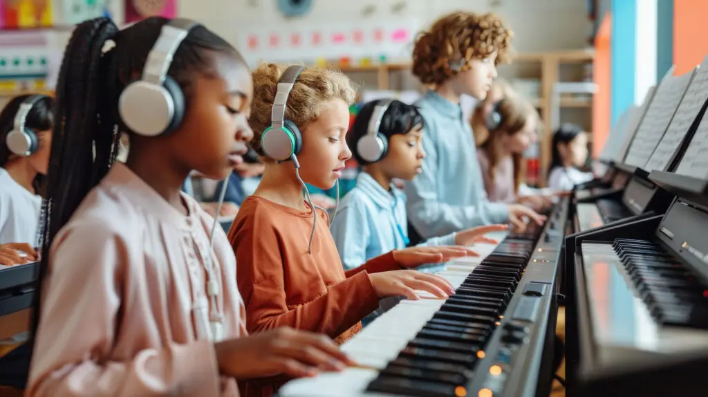 A diverse group of children wearing headphones play digital pianos in a bright classroom, focusing intently on their music in a structured lesson setting.