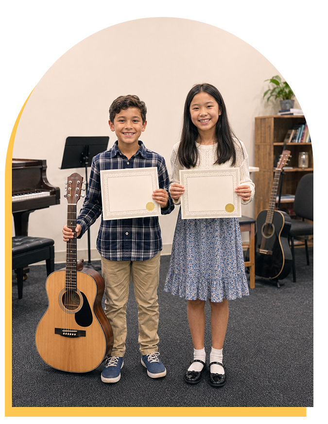 Two smiling children stand indoors holding certificates, likely after music lessons. A boy in a plaid shirt and khaki pants stands next to a girl in a patterned dress. Acoustic guitars and a piano hint at music lessons Citrus Park or Tampa families trust.