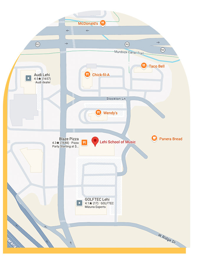 A map showing the location of Lehi School of Music near Blaze Pizza, Wendy’s, Chick-fil-A, Taco Bell, and Panera Bread, with nearby roads and businesses labeled for reference—perfect for finding music lessons in the area.